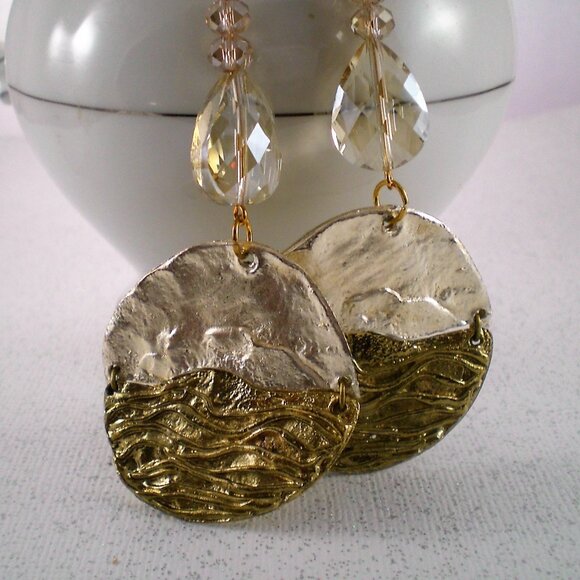 Gold/Silver Crystal Disc Dangle Earrings - Picture 3 of 5